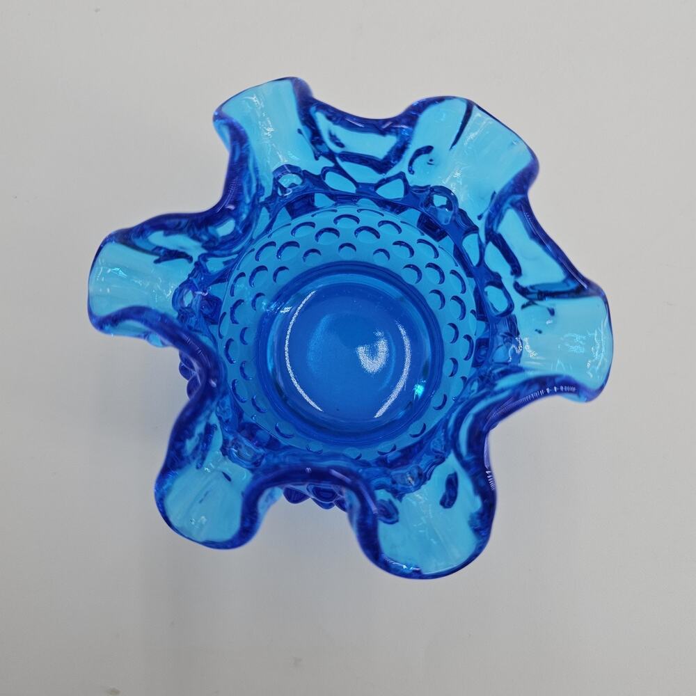 Vintage Fenton Colonial Blue Hobnail 3" Double Crimped Rim Glass Flower Vase - Picture 6 of 8